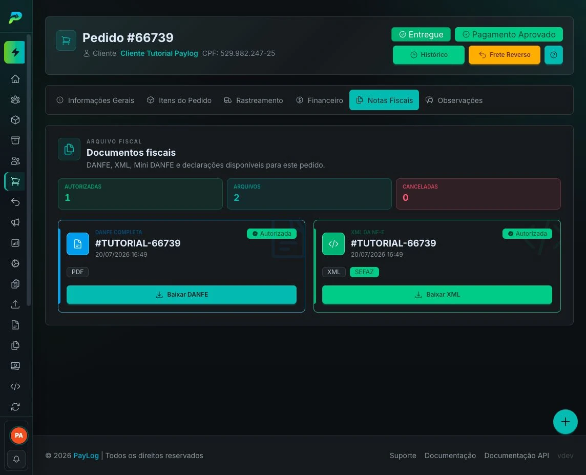 Documentos fiscais do pedido