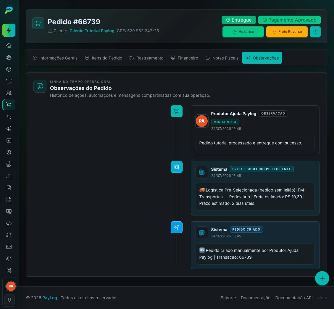 Linha do tempo de observações do pedido