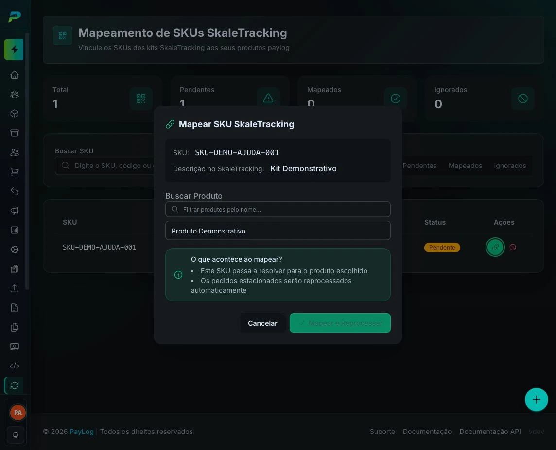 Modal da SkaleTracking com o SKU recebido, o produto selecionado e a ação Mapear e Reprocessar