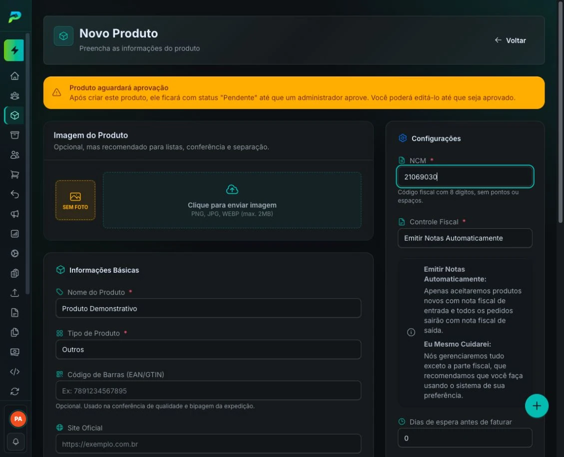 Exemplo de preenchimento do cadastro de produto